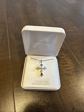 Sterling Silver Multi-Gem Cross Pendant Necklace - White